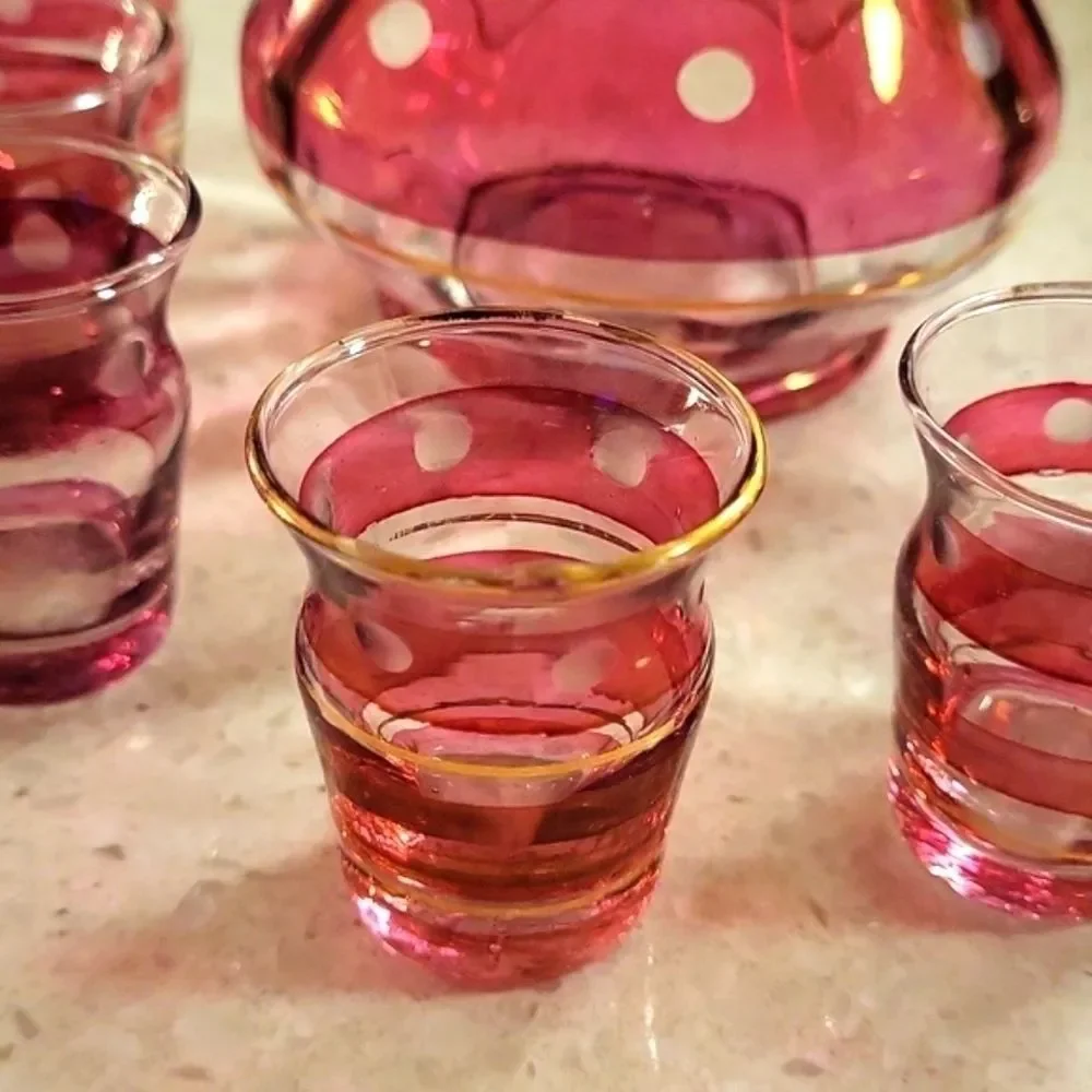 ELEGANT VINTAGE CRANBERRY GLASS DECANTER SET